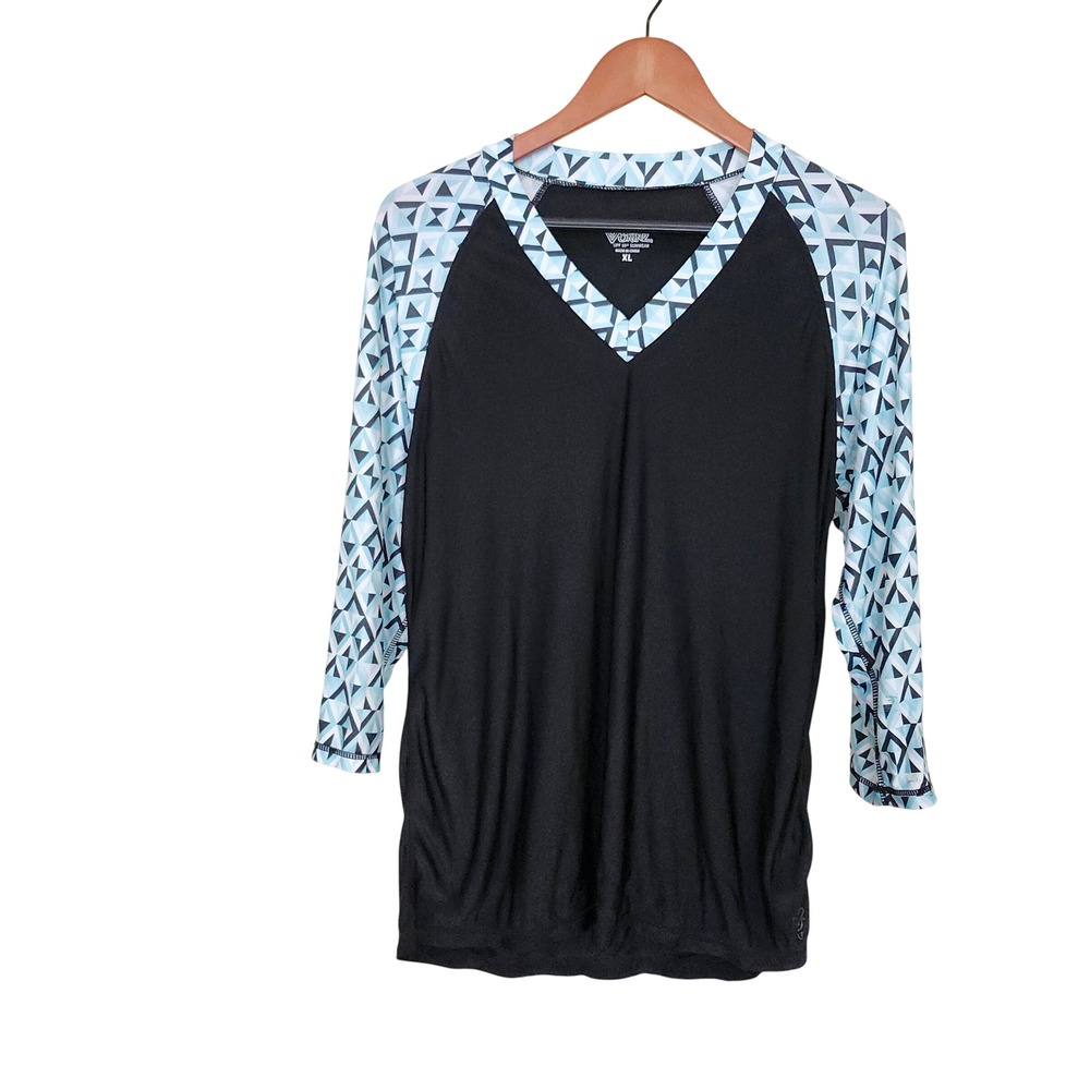 UV Skinz Rash Guard Women XL Black Blue Geometric UPF 50+ Sunwear Top